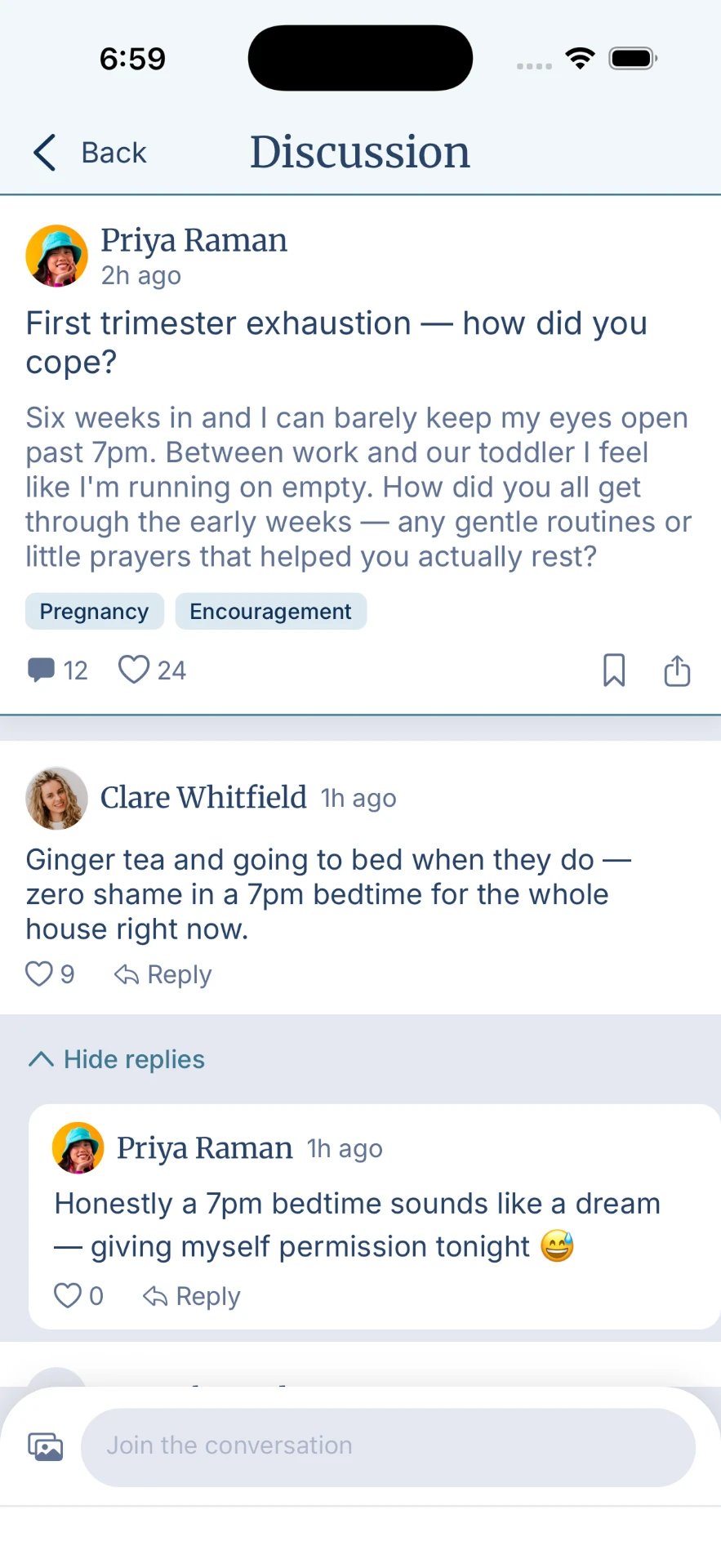 Caeli app discussion thread about first trimester exhaustion
