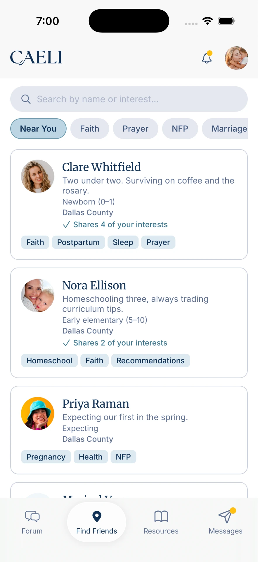 Caeli app community feed showing nearby friends