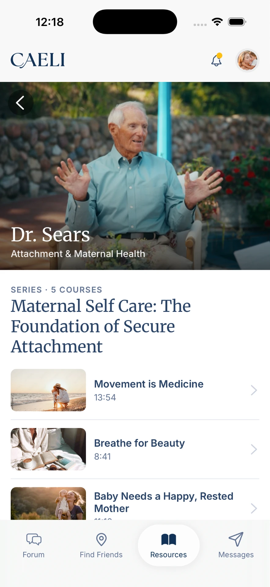 Caeli app resources section with Dr. Sears video courses